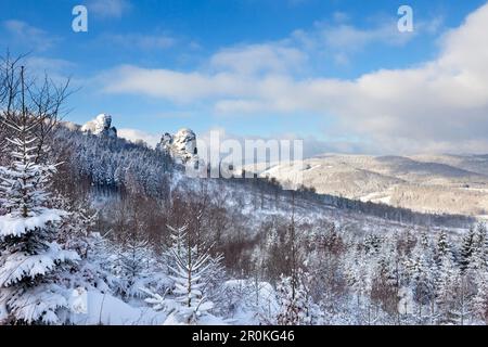 Vue de la formation rocheuse "Bruchhauser Steine", près de Olsberg, sentier de randonnée Rothaarsteig, Rothaargebirge, région du Sauerland, Rhénanie du Nord-Westphalie, Ge Banque D'Images