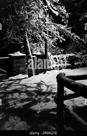 Nachtaufnahme des verschneiten Garmisch Partenkirchen, 1936. Photographie nocturne de Garmisch Partenkirchen, 1936. Banque D'Images