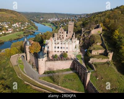 Antenne du château de Burg Wertheim et de la rivière main, Wertheim, Spessart-Mainland, Franconie, Bade-Wurtemberg, Allemagne Banque D'Images