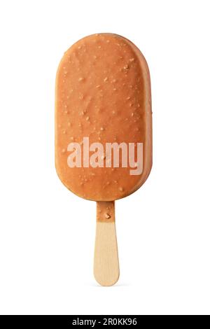 Barre de crème glacée à la popsicle de Toffee avec des saupoudrées de cachets isolées sur fond blanc. Banque D'Images
