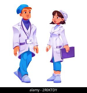 Ensemble de dessins animés du personnel médical isolé sur fond blanc. Illustration vectorielle du caractère multiethnique des jeunes médecins et infirmières, hommes et femmes, dans l'uniforme hospitalier. Services de cliniques de soins de santé Illustration de Vecteur