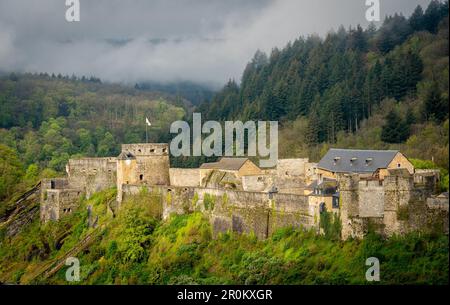 Le château de Bouillon et les forêts des Ardennes en Belgique le matin d'une brumeuse matinée Banque D'Images