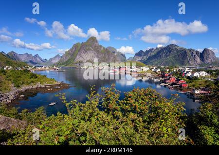 Port et chalets à Olstiden sur l'île de Moskenesoya, Lofoten, Norvège, Europe Banque D'Images