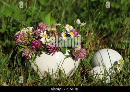 Mortier en céramique avec pilon, différentes fleurs sauvages et herbes sur l'herbe verte à l'extérieur Banque D'Images