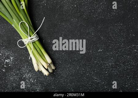 Bouquet d'oignons verts frais sur table noire, vue de dessus. Espace pour le texte Banque D'Images