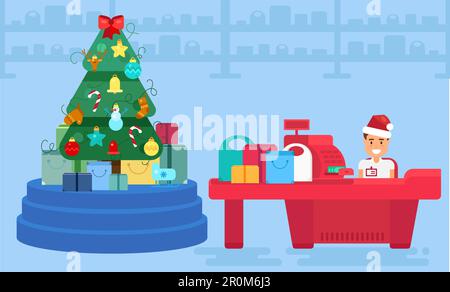 Joyeux Noël et nouvel an dans la boutique. Stocker avec les clients et les caissiers près de la caisse. Cadeaux et cadeaux. Illustration du concept d'achat. Solde B Illustration de Vecteur