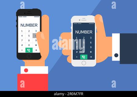 Vie sociale avec téléphone intelligent. Téléphone dans la main et écran de smartphone avec numéro dans le style minimaliste plat. Vecteur Illustration de Vecteur