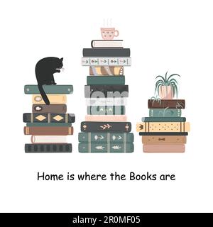 Pile de livres vintage avec une tasse, une plante, et un grand chat sur le dessus. La page d'accueil est l'endroit où les livres sont du texte. Bibliothèque personnelle. Illustration vectorielle isolée. Illustration de Vecteur