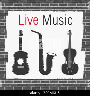 Guitare, saxophone et violon peints sur mur de briques, musique live, illustration du vecteur eps10 Illustration de Vecteur