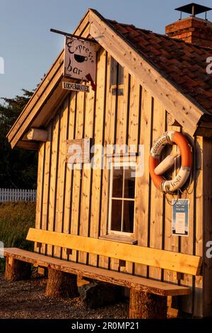 Café-bar, cabane en bois se dresse au coucher du soleil sur la côte à Penne, en Norvège. Une bouée de sauvetage est prête. Un banc en bois pour le repos se tient devant le bois Banque D'Images