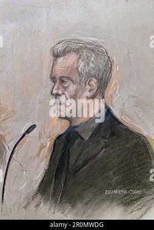 Artiste de la Cour dessin par Elizabeth Cook de l'acteur Stephen Tompkinson au quai de la Cour de la Couronne de Newcastle, où il est en jugement accusé d'avoir infligé des lésions corporelles graves. L'homme de 57 ans nie l'infraction, qui aurait eu lieu en mai 2021. Date de la photo: Mardi 9 mai 2023. Banque D'Images