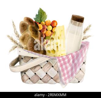 Panier pique-nique à l'aquarelle pour barbecue de ferme laitière, Shavuot. Lait, blé, pain de challah, fromage, raisins, couverture à carreaux Banque D'Images