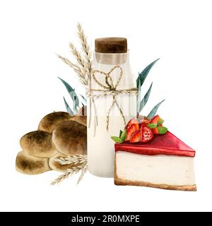 Modèle de carte de vœux à l'aquarelle, symboles Shavuot, avec lait, blé, gâteau au fromage de fraise, pain de challah et eucalyptus Banque D'Images