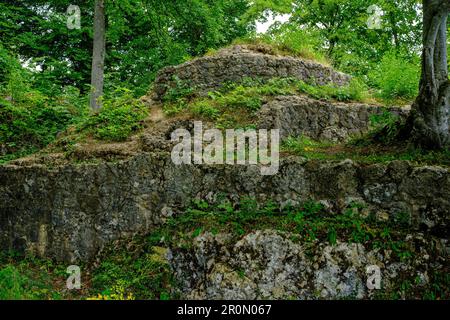 Vestiges du château de la ruine Alt-Lichtenstein, au large du château de Lichtenstein, sur la crête d'Alb au-dessus du village de Honau, Swabian Alb, Allemagne. Banque D'Images