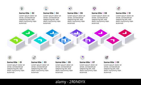 Modèle d'infographie avec icônes et 10 options ou étapes. Rectangles isométriques. Peut être utilisé pour la mise en page de flux de travail, le diagramme, la bannière, la conception Web. Vecteur Ill Illustration de Vecteur