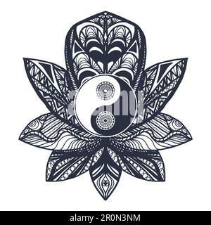 Yin et Yang millésime dans le Mandala Lotus. Symbole Tao pour l'impression, tatouage, livre de coloriage, tissu, t-shirt, yoga, henné, tissu de style bohémien. Mehndi, occulte a Illustration de Vecteur