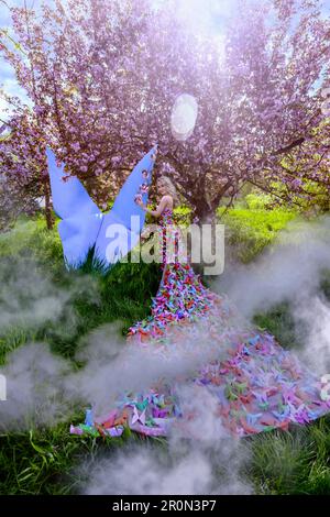 Belle femme avec des papillons au printemps sakura Banque D'Images