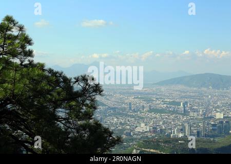 Vue pittoresque sur l'épicéa et la ville près des grandes montagnes Banque D'Images