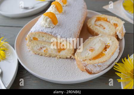 Roulé suisse aux mandarines et crème fouettée Banque D'Images