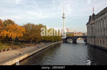 Berlin, Allemagne : vue de Berlin et de la Spree depuis le pont Monbijou Nord avec le parc Monbijou (à gauche) et le musée Bode (à droite). Banque D'Images