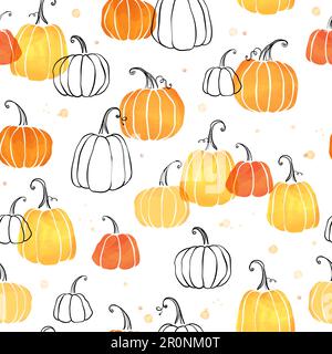 Mignon main citrouille dessin horizontal sans couture motif, citrouilles dessinées à la main - super comme fond de Thanksgiving, textiles, bannières, papiers peints, emballage - Illustration de Vecteur