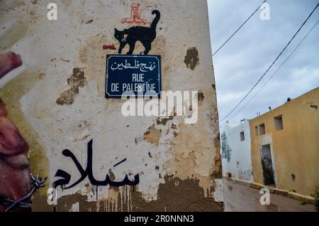 Djerba, Tunisie. 9 mai 2023: Djerba, Tunisie. 09 mai 2023. Le quartier pittoresque de Djerbahood en Tunisie avec son architecture traditionnelle et ses peintures murales peintes par plusieurs artistes du monde entier. Djerbahood est situé dans le village d'Erriadh, anciennement appelé Hara Sghira, sur l'île tunisienne de Djerba. Avec son art de rue dispersé Djerbahood est considéré comme un musée en plein air tout en étant une destination populaire pour les touristes en Tunisie. Crédit : ZUMA Press, Inc./Alay Live News Banque D'Images