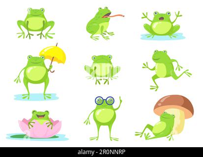 Ensemble de personnages plats de différentes poses avec une jolie grenouille Illustration de Vecteur