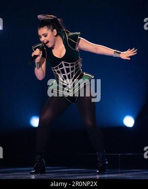 Liverpool, Royaume-Uni. 8 mai 2023. Alessandra Mele répète pour la Norvège avec la chanson Queen of Kings, à l'arène de Liverpool Banque D'Images