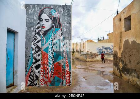 Djerba, Tunisie. 9 mai 2023: Djerba, Tunisie. 09 mai 2023. Le quartier pittoresque de Djerbahood en Tunisie avec son architecture traditionnelle et ses peintures murales peintes par plusieurs artistes du monde entier. Djerbahood est situé dans le village d'Erriadh, anciennement appelé Hara Sghira, sur l'île tunisienne de Djerba. Avec son art de rue dispersé Djerbahood est considéré comme un musée en plein air tout en étant une destination populaire pour les touristes en Tunisie. Crédit : ZUMA Press, Inc./Alay Live News Banque D'Images