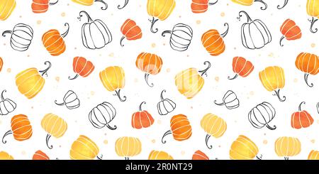 Mignon main citrouille dessin horizontal sans couture motif, citrouilles dessinées à la main - super comme fond de Thanksgiving, textiles, bannières, papiers peints, emballage - Illustration de Vecteur