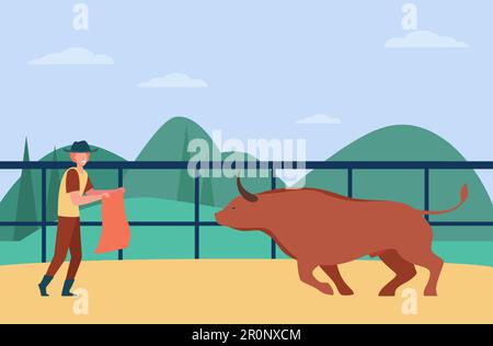 Toreador avec le taureau rouge d'entraînement cape Illustration de Vecteur