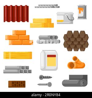Ensemble de matériaux de construction. Produits industriels pour la construction et la rénovation. Objets à vendre en magasin. Illustration de Vecteur