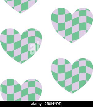 Motif vectoriel sans couture de violet vert groovy damier texture coeur isolé sur fond blanc Illustration de Vecteur