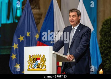 Ratisbonne, Allemagne. 09th mai 2023. Markus Söder (CSU), Premier ministre de Bavière, prend la parole lors de la cérémonie d'ouverture de l'exposition nationale bavaroise-tchèque. L'exposition est intitulée « Baroque! La Bavière et la Bohême et peut être vu au Musée d'histoire bavaroise de Ratisbonne mercredi (10 mai) et au Musée national de Prague à partir de décembre. Credit: Armin Weigel/dpa/Alay Live News Banque D'Images