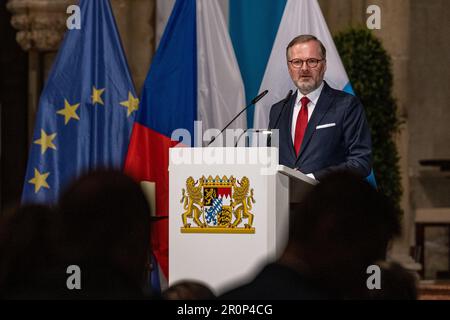 Ratisbonne, Allemagne. 09th mai 2023. Petr Fiala, Premier ministre de la République tchèque, prend la parole lors de la cérémonie d'ouverture de l'exposition nationale bavaroise-tchèque. L'exposition est intitulée « Baroque! La Bavière et la Bohême et peut être vu à partir de mercredi (10 mai) dans le Musée d'histoire bavaroise à Ratisbonne et à partir de décembre dans le Musée national de Prague. Credit: Armin Weigel/dpa/Alay Live News Banque D'Images