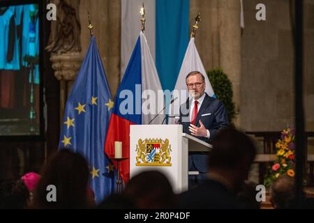 Ratisbonne, Allemagne. 09th mai 2023. Petr Fiala, Premier ministre de la République tchèque, prend la parole lors de la cérémonie d'ouverture de l'exposition nationale bavaroise-tchèque. L'exposition est intitulée « Baroque! La Bavière et la Bohême et peut être vu à partir de mercredi (10 mai) dans le Musée d'histoire bavaroise à Ratisbonne et à partir de décembre dans le Musée national de Prague. Credit: Armin Weigel/dpa/Alay Live News Banque D'Images