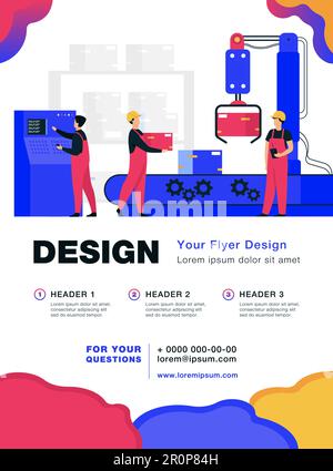 Les travailleurs d'usine et le bras robotisé retirent les emballages du convoyeur Illustration de Vecteur