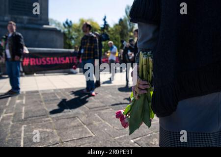 Une femme tient des fleurs pour se poser au Monument des soldats soviétiques morts. Lors du « jour de la victoire » en Russie, les Ukrainiens ont protesté au cimetière de Varsovie auprès des soldats de l'Armée rouge morts pendant la Seconde Guerre mondiale Les manifestants ont construit une installation imitant un cimetière de civils ukrainiens tombés et des bâtiments résidentiels frappés par des roquettes russes. L'ambassadeur de Russie en Pologne, Sergey Andreev, n'a pas été autorisé à déposer une couronne sur le monument du cimetière par des manifestants opposés à la guerre en Ukraine lors d'un événement annuel du « jour de la victoire » soviétique commémorant la fin de la Seconde Guerre mondiale L'Ambassadeur Andreev et son délé Banque D'Images