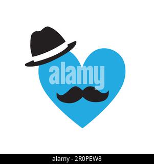 Carte de vœux de père avec coeur bleu, chapeau et moustache sur fond blanc avec espace pour les copies Illustration de Vecteur