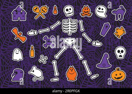 Mise en place des autocollants d'Halloween. Les icônes de mode de dessin animé sont idéales pour les éléments de conception d'Halloween. Vecteur Illustration de Vecteur