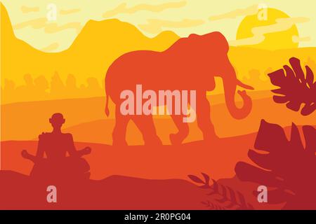 Paysage indien avec éléphant et YOG. Panorama tropical de la faune. Scène naturelle dans les couleurs jaune, marron et orange. Vecteur Illustration de Vecteur