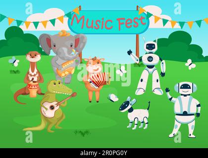 Robots et animaux musiciens jouant des instruments de musique Illustration de Vecteur
