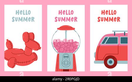 Ensemble d'affiches vectorielles de l'heure d'été. Hello Summer text collection avec des éléments pour les vacances tropicales. Illustration de Vecteur