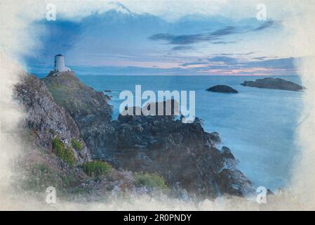 Le phare de l'île de Llanddwyn. TWR Mawr peinture aquarelle numérique à Ynys Llanddwyn, Ynys mon, pays de Galles, Royaume-Uni. Banque D'Images