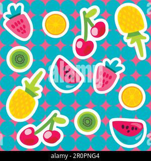 Motifs vectoriels fruits d'été en style dessin animé. Fruits et baies. Toile de fond douce Illustration de Vecteur