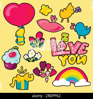 Patchs Vector Romantic Love ensemble en forme de doodle. Motif patchwork mode fille. Joli autocollants de dessin animé. Badges amusants. Illustration de Vecteur