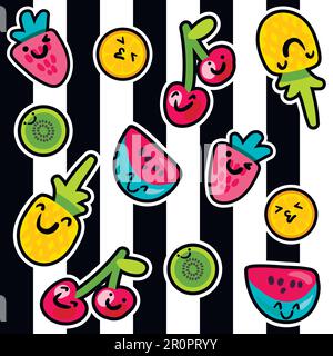 Motifs vectoriels fruits d'été en style dessin animé. Fruits et baies. Toile de fond douce Illustration de Vecteur