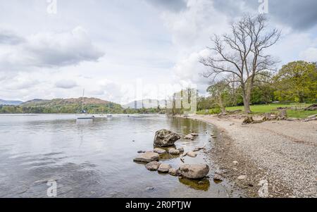 En regardant vers le nord le long de la rive est du lac Windermere dans le Lake District sous un ciel changeant un après-midi de printemps. Banque D'Images