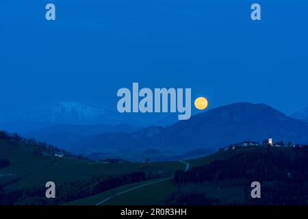 Waidhofen an der Ybbs : pleine lune s'élève à la montagne Ötscher (à gauche), hameau et église Windhag, arbres de poire en fleurs, prairies, maisons de ferme à Mostvierte Banque D'Images