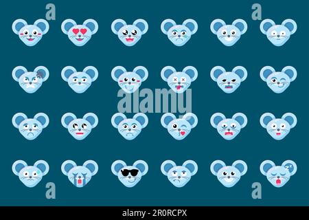Emoji Cute Animal Mouse expression Emotions Set. Collection colorée visage avec des lunettes et dormir, en colère et en pleurs, heureux et souriant. Émoticone VEC Illustration de Vecteur